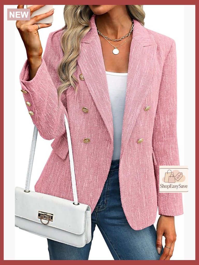 Slim Fit Tweed Blazer Double Breasted Business Casual Elegant Work Jacket